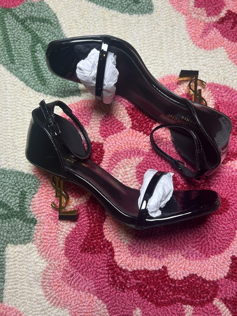 Saint Laurent Black Patent Leather Sandals with Gold YSL Sculpted Heels